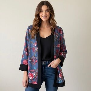 LOFT Kimono Style Duster Wildflower Belted Open Front‎ Blazer MultiColor Size L